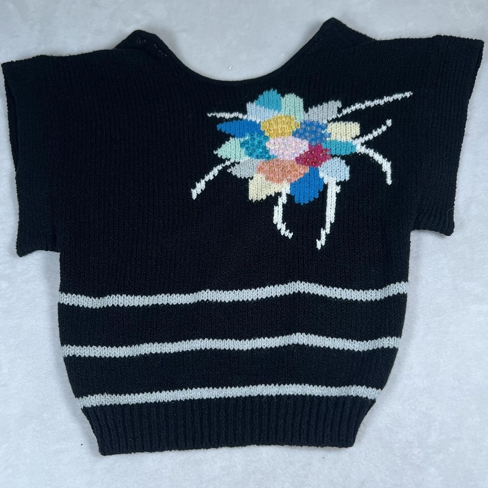 Vintage Organically Grown Sweater Womens Large Black Floral Sequin‎ Knit 80s